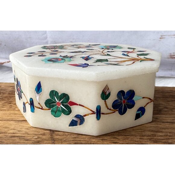 Marquetry Malachite Lapis Floral Hakik Marble Jewelry Box with Handmade Inlay - Picture 6 of 10